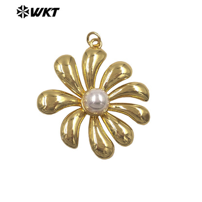 WT-P2079 Boutique Fashion Gold Plated Brass And Artificial Pearl Flowers Shape Pendants As Girls Handmade Jewelry Findings
