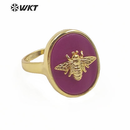 WT-R353 Unique Design Natural Stone Insect Charm Ring Oval Gemstone Ring Fashion Jewelry Multicolor Adjustable Ring