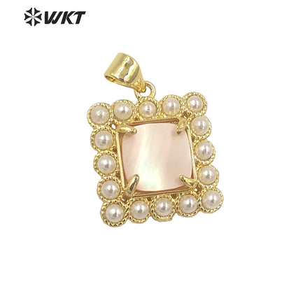 WT-JP356 Unique Gold Claw Setting Natural Square Abalone Shell Pendants With Artificial Pearl Charming Jewelry Pendants