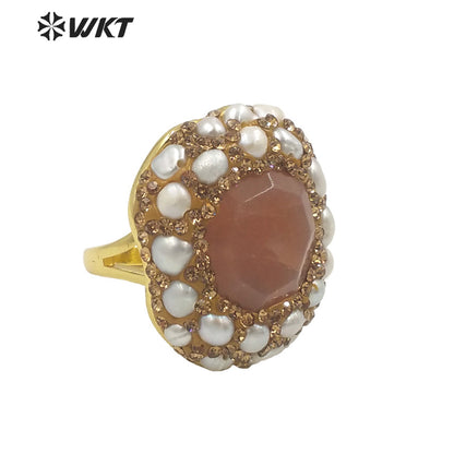 WT-R445 Wholesale Fashion 18k Gold Plated Gorgeous Rhinestone Decorative Turquoise Pearl Party Ring Daily Wearing Women Rings