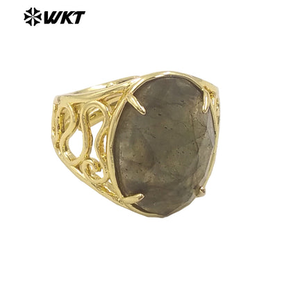 WT-R527 WKT New Design Natural Oval Faceted Gemstone With Clawing Setting Sun Stone Women Cocktail Ring