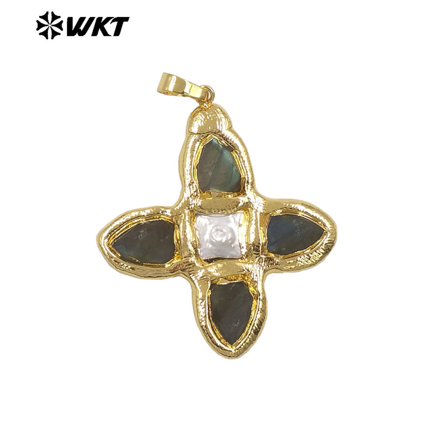 WT-P2010 Popular Sales Gold Plated Natural Gemstones Amazonite Amethyst Stone With Pearl Cross Shape Pendant For Jewelry DIY