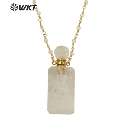 WT-N1276 Wholesale Natural Long square Stone Quart Perfume Bottle Necklace Colorful Tourmaline Beads Rosary Chain Perfume Bottle