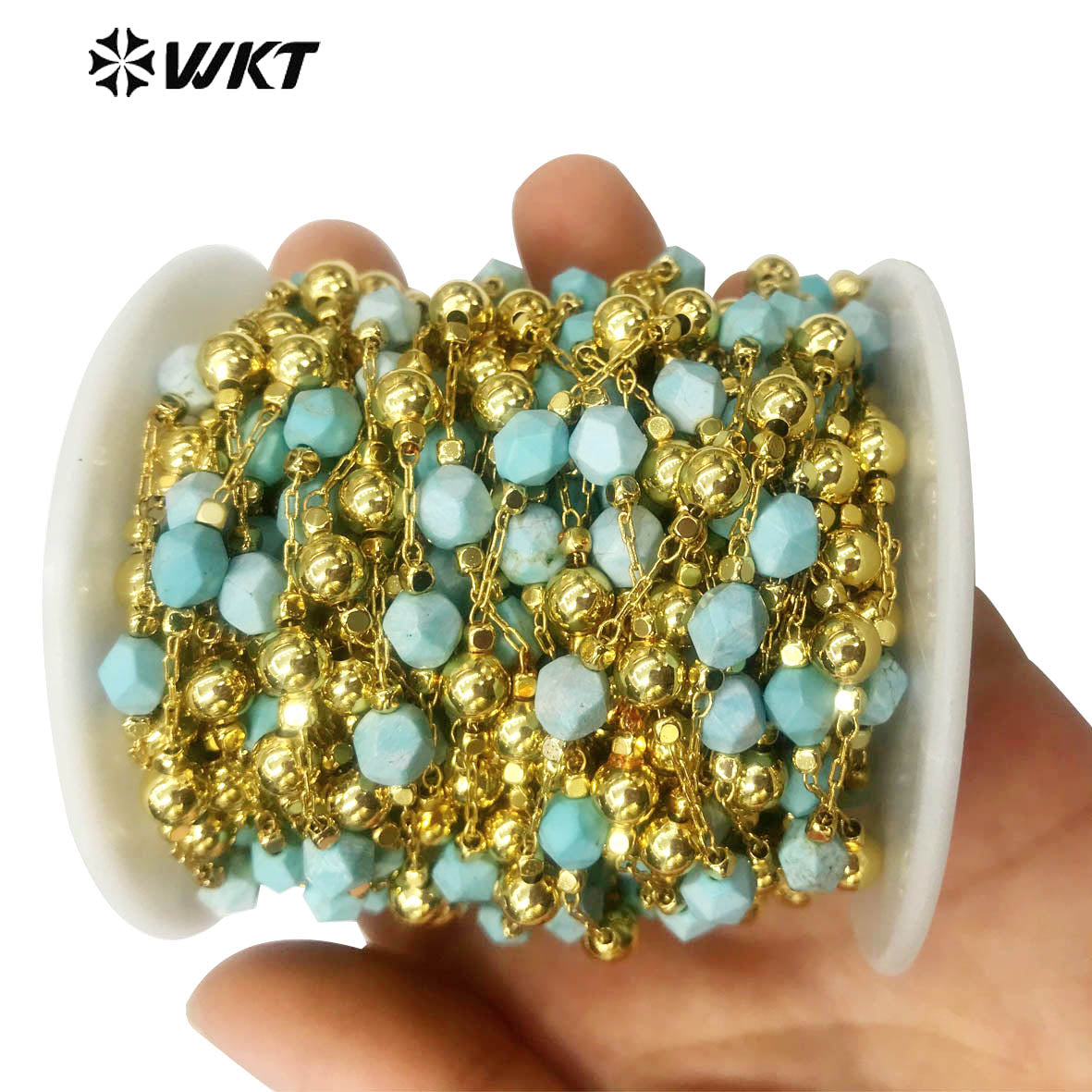 WT-RBC134 Wholesale Natural Stone Beads Chain Women Gold Plated Stone Beads Rosary Chain for Jewelry Making Jewelry Beads Chain