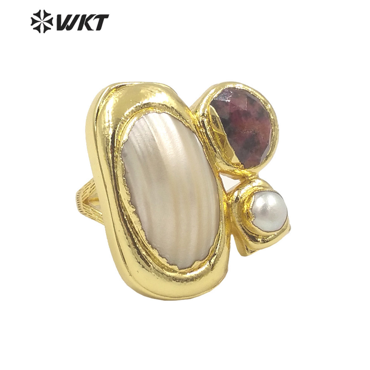 WT-MPR083 Newest Exclusive WKT Design 18k Real Gold Plated Resist Tarnishable Multi Stone and Pearl Women Ring in Adjustable