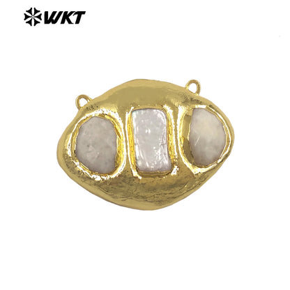 WT-PC021 Delicate 18K Gold Plated Two Natural Stones And Pearl Connectors With Double Hoops For Women Unique Necklace Design