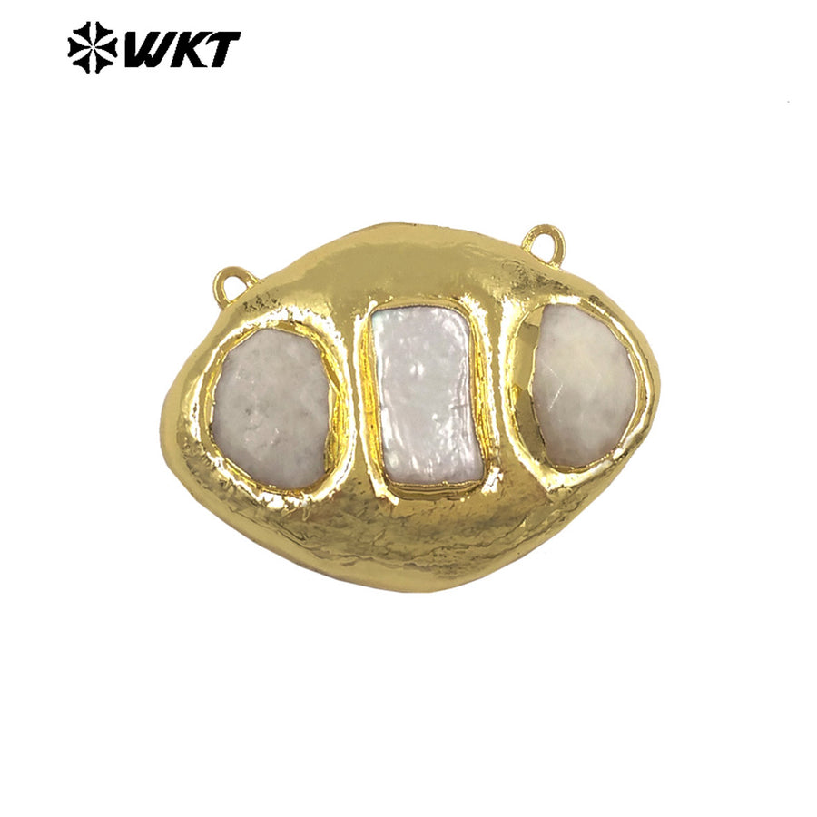 WT-PC021 Delicate 18K Gold Plated Two Natural Stones And Pearl Connectors With Double Hoops For Women Unique Necklace Design