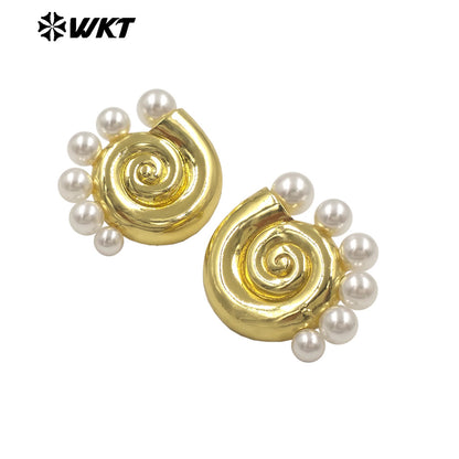 WT-ME130 Summer Hot Sales Gold And Silver Plated Brass With Artificial Pearl Shell Shape Earrings For Daily Casual Wearing