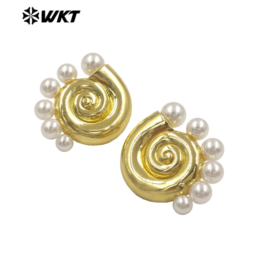 WT-ME130 Summer Hot Sales Gold And Silver Plated Brass With Artificial Pearl Shell Shape Earrings For Daily Casual Wearing