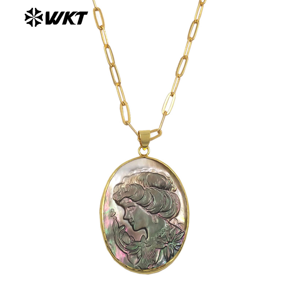 WT-JN338 Popular Sales Natural Shell Gold Plated Round Hand Carved Beauty Heads Pendant Necklace For Friends Birthday Gift
