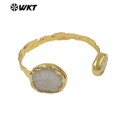 MPB140 Amazing 18K Gold Electroplated Natural Pearl And Shell Carved Flower Shape Cuff Bangles For Women Fashion Jewelry