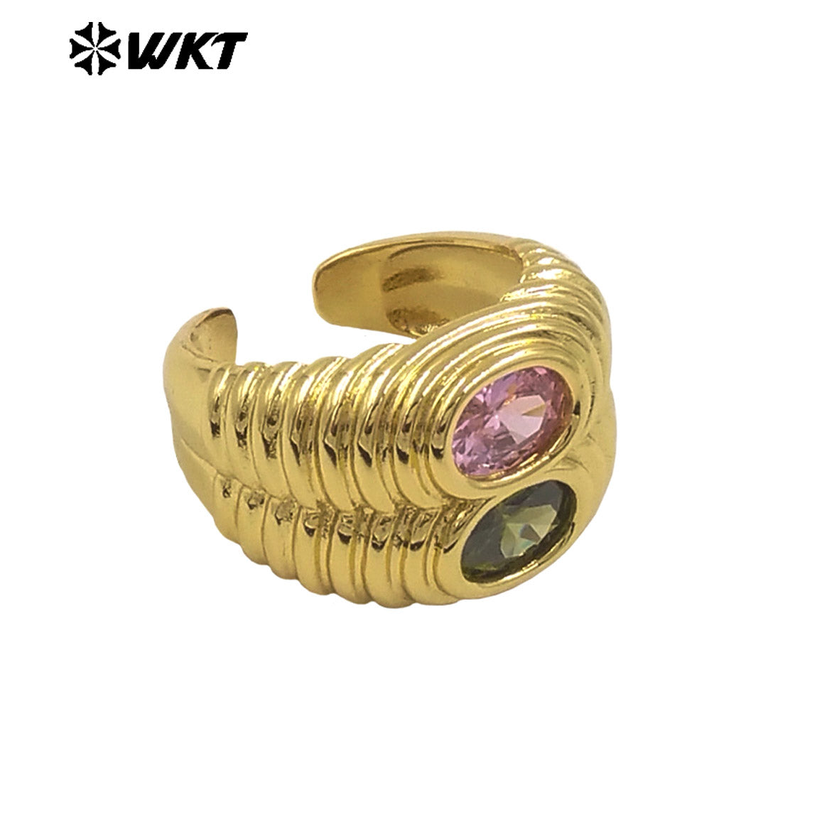 WT-MR039 Popular Fashion 18K Gold Plated Double Cubic Zircon Wide Band Cocktail Ring for Women