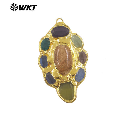 WT-P2008 Amazing Back Full Gold Plated With Multi Colors Natural Gemstones Big Pendant For Fantastic Necklace Jewelry DIY