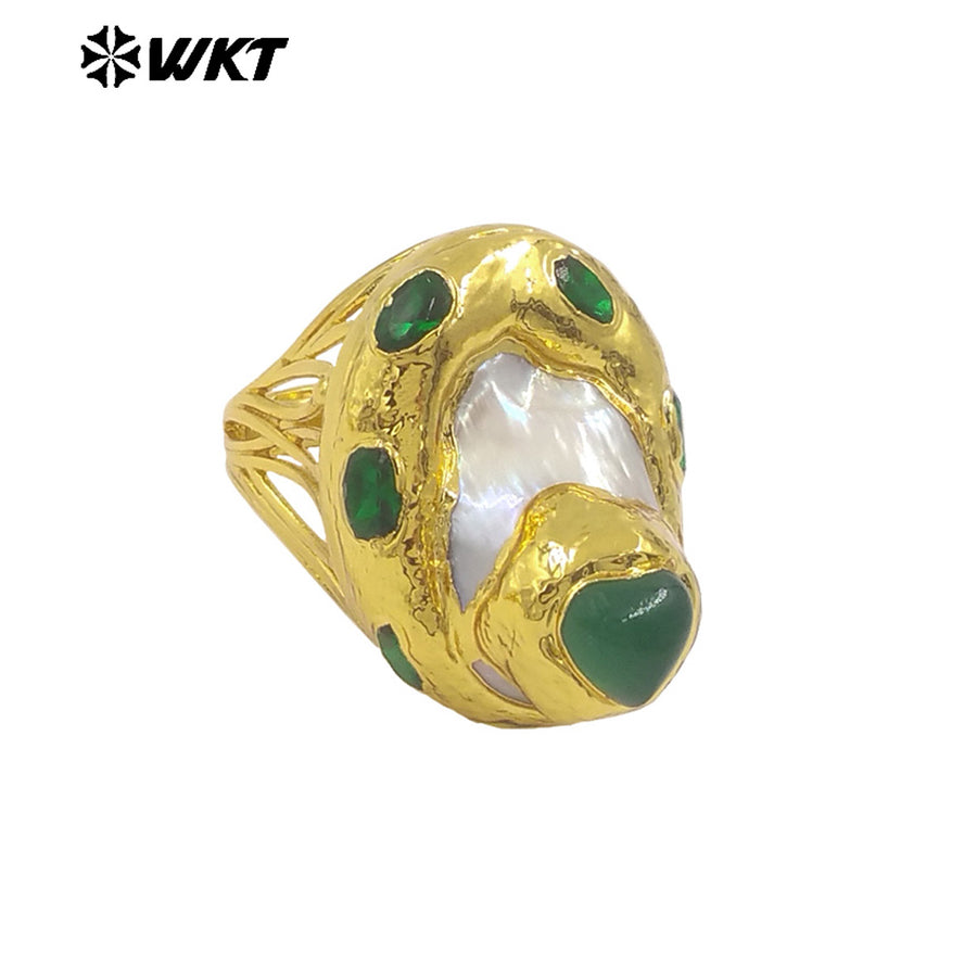 WT-MPR141 Wonderful Small Natural Green Jade And Larimar Stone With Pearl Gold Plated Rings For Women Boutique Jewelry