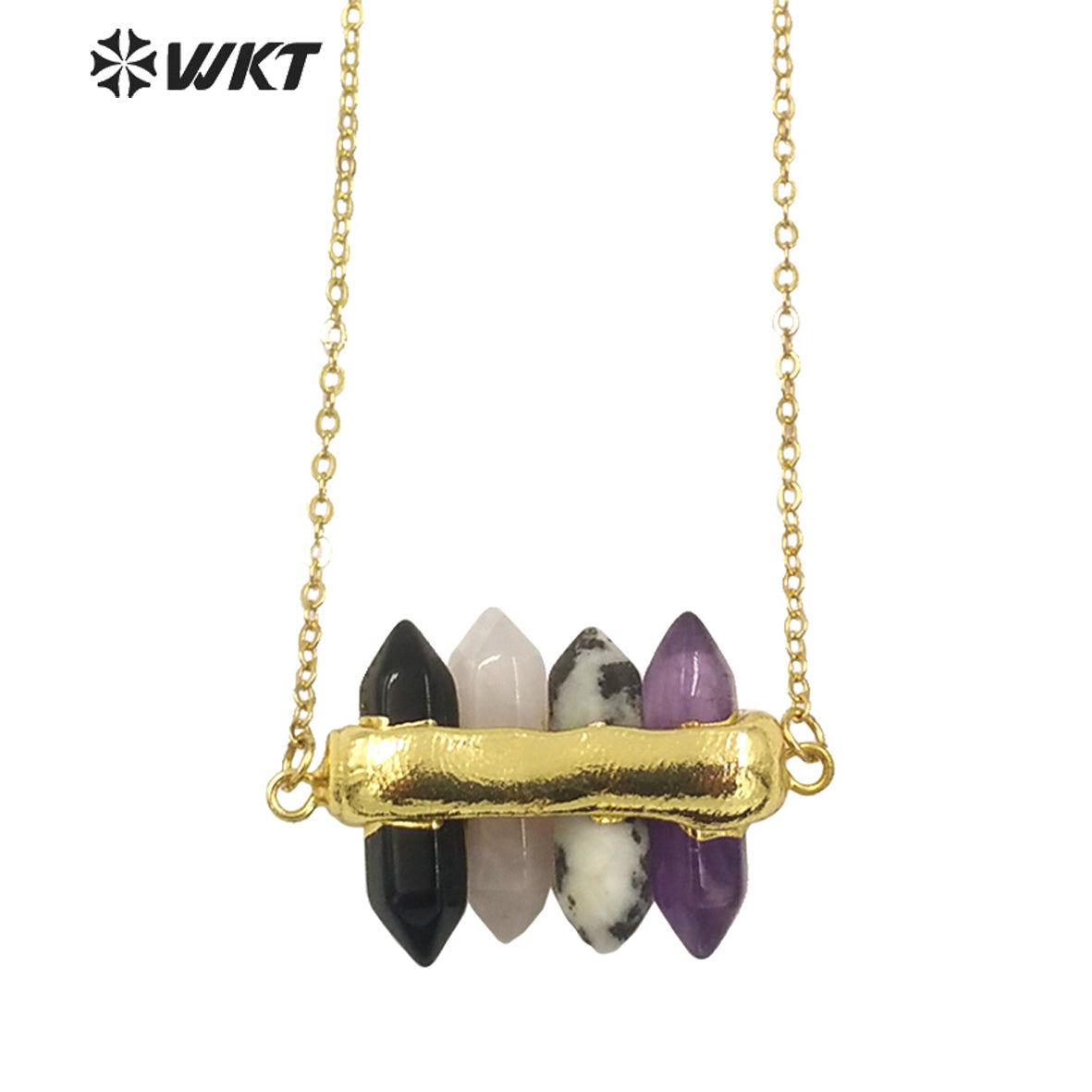 WT-N1460 WKT NEW Design Double Gemstone Point Rose Quartz Amethyst Energy Lucky Stone Necklace Many Colors Available