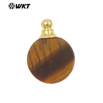 WT-P1982 Wholesale Fashion High Polish Round Flat Women Gold Loops Natural Gemstone Made Amethyst Essencial Oil Bottle Pendant