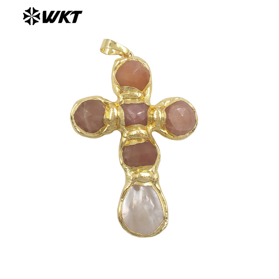 WT-JP449 Newest Labradorite Natural Stones And White Shell Spliced 18K Gold Plated Cross Pendants As Unique Jewelry Gift