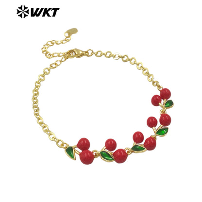 WT-JF365 New Arrival Fruit Series Cherry And Strawberry Fashion Bracelet Yellow Brass With Drop Oil Gold Plated Ladies Accessory