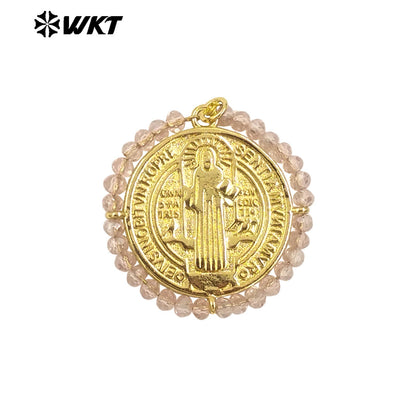 WT-MN991 Fashion Popular Women Wire Wrapped Brass 18K Gold St Benedict Medal Necklace With Crystal Decorate Religious Jewelry