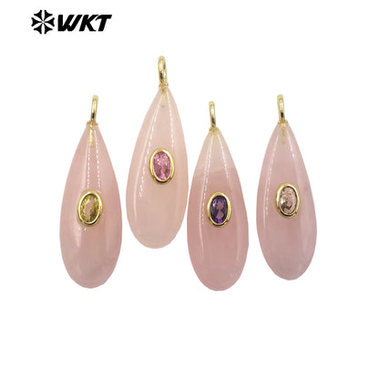 WT-P2065 Good Quality Gold Plated Zircon And Multi Natural Gemstones Waterdrop Shape Pendants For Fashion Women Earrings Making