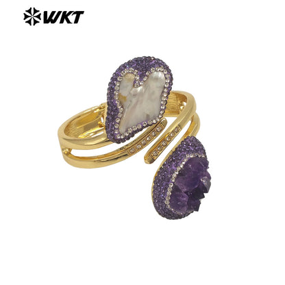 MPB126 Newest Unique Design 18K Gold Plated Natural Amethyst Stone and Pearl Bangle in Adjustable Size for Women Jewelry