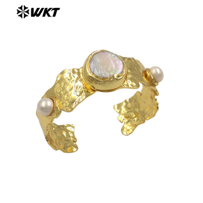 MPB131 The New Listing 18K Gold Electroplated Natural Freshwater Pearls Round And Cross Cuff Women Bangles For Friends Gift