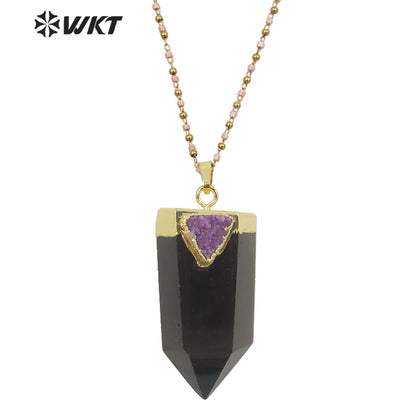 WT-N1291Wholesale Fashion Gold Plated Hexagon Quartz Point Stone Necklace Lady Populared Natural Gemstone Smoky Stone Necklace
