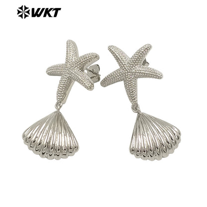 WT-E762 New Design 18K Gold Plated and Silver Star Shell Earrings Perfect for Women on the Beach As Daily Decoration and Gift