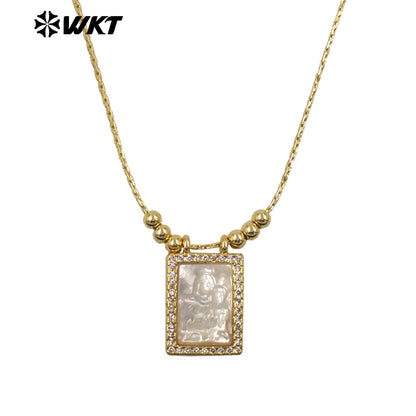 WT-JN389 Trending Religious Style 18K Gold Plated Oval And Square White Shell Pendant Necklace For Women Daily Wearing