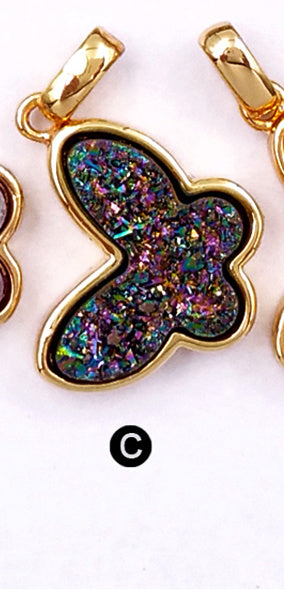 WT-P1325 WKT Wholesale New Arrival Natural Butterfly Drusy Agate Real Gold Silver Plated Pendant for Women