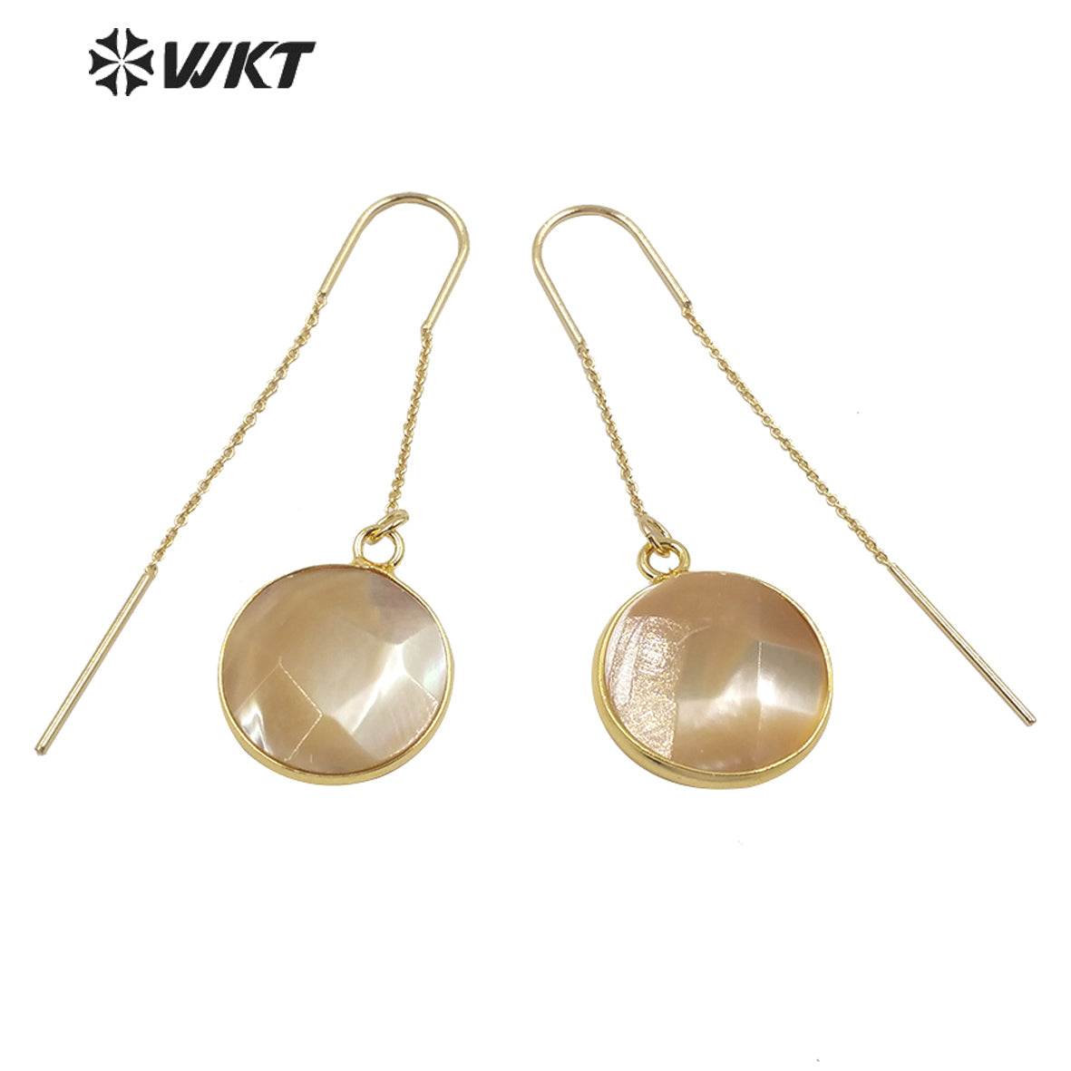 WT-E600 Stylish Round Faceted Polish Bright Shell Dangle Earrings Gold Bezel Charm Lady Round Shell Earrings for Gift