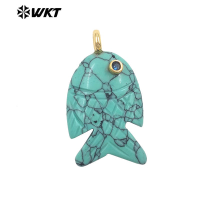 WT-P2137 Hot Sale Multi Natural Gemstones Setting In Zircon Gold Fish Shape Pendants As Women Fashion Necklace Accessories