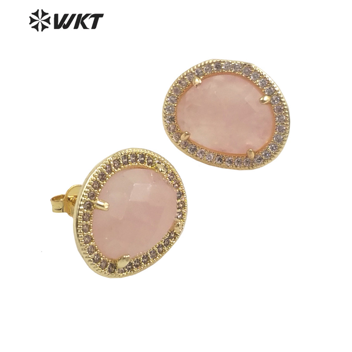 WT-ME085 WKT Natural Gemstone With Micropaved Cubic Zircon Studs Precious Birthday Stone Studs for Friend Gift