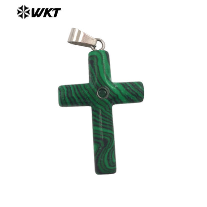 WT-P2070 Religious Style Silver Plated Zircon And Multi Natural Gemstones Cross Pendants As Boy Girl Handmade Jewelry Making