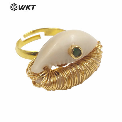 WT-MPR003 New Summer Hot Wire Brass Handmade Wrapped Natural Sea Cowrie Ring With Cz Charm Fashion Gold Summer Conch Rings