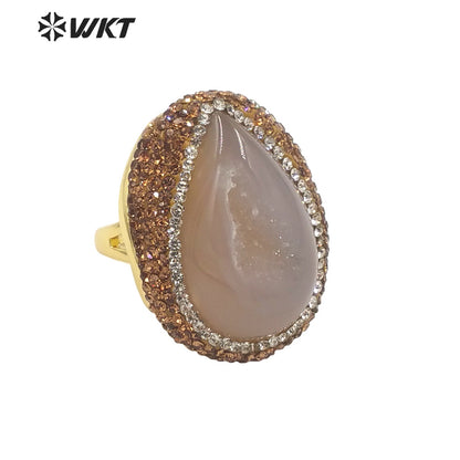 WT-R497 New Popular Gorgeous 18K Real Gold Plated Natural Grey Druzy Geode Agate Arrow Shape With Rhinestone Set Jewelry Ring