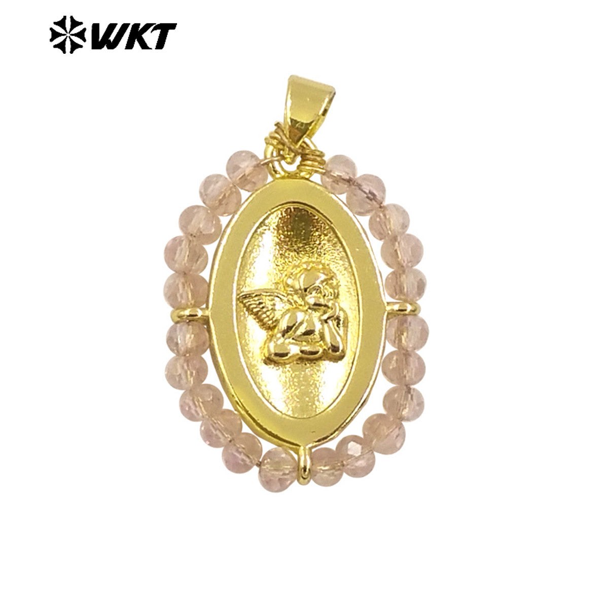 WT-MN994 2024 New Popular Gold Plated With Handmade Crystal Wire Wrapped Beads Around Angel Medal Christian Jewelry Necklace