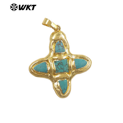 WT-P2036 Popular Sale Gold Electroplated Natural Turquoise And Pearl Pointed Cross Pendants As Handmade Necklace Accessory