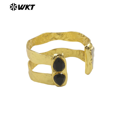 WT-B656 Wholesale Fashion New Gold Plated Resist Tarnishable Multi Stone Setting Freshwater Pearl and Amazonite Bangle