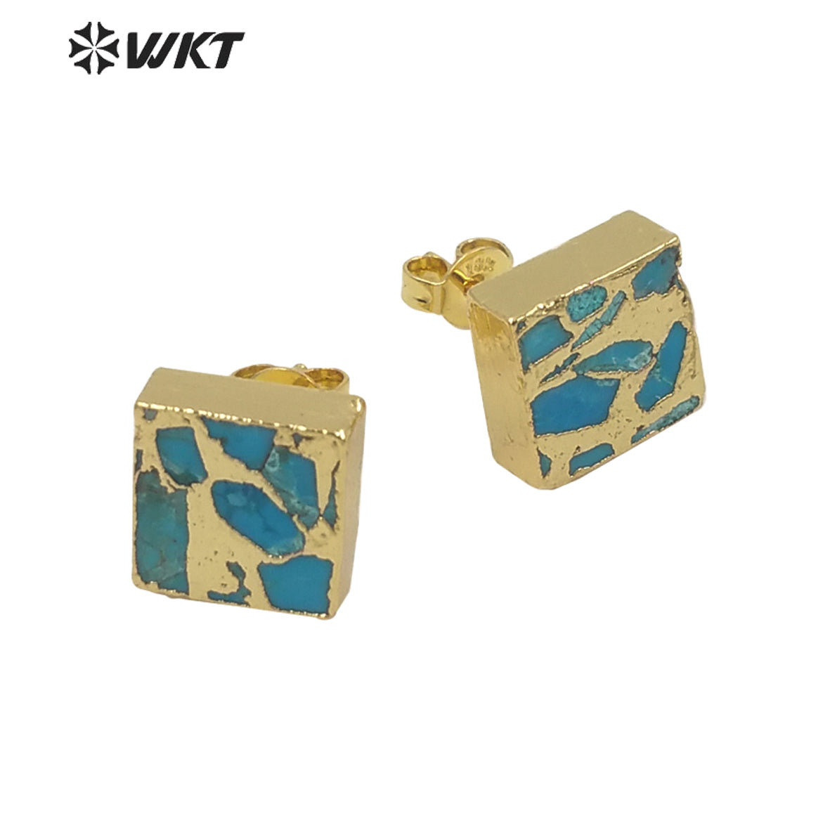 WT-E645 Wholesale Fashion Tiny 10mm Copper Turquoise Earrings Studs Lady Chick Gold Electroplated Stone Studs for Friends
