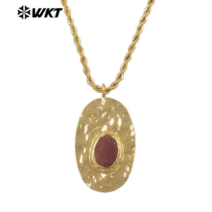WT-N1538 Elegant Style Brass Chain With Gold Plated Natural Gemstone Oval Pendant Necklace For Lady Friend Birthday Gift