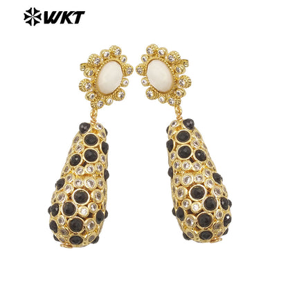 WT-E757 Amazing Popular Fashion Gold Plated Long Dangle Drop With Natural Stond Beads Setting Women Earrings