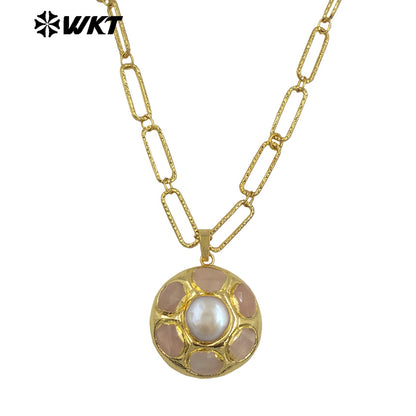 WT-N1493 Amazing Big 18k Real Gold Plated Link Chain Necklace With Round Natural Gemstone and Pearl Assemble Pendants Necklace