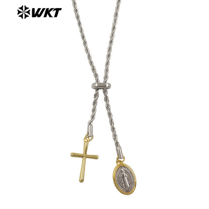 WT-JFN56 Religious Style Silver Chain With Yellow Brass Gold Plated Cross Round Charms Necklace As Ladies Daily Decorations