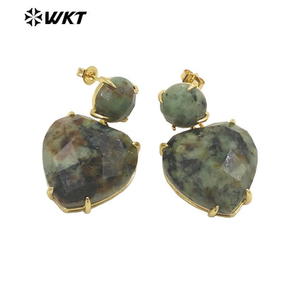 WT-E719 First Choice Hot Natural Gemstone Carved Heart Earrings for Lovers 18k Gold Plated Lapis Amethyst Stone Anniversary Stud