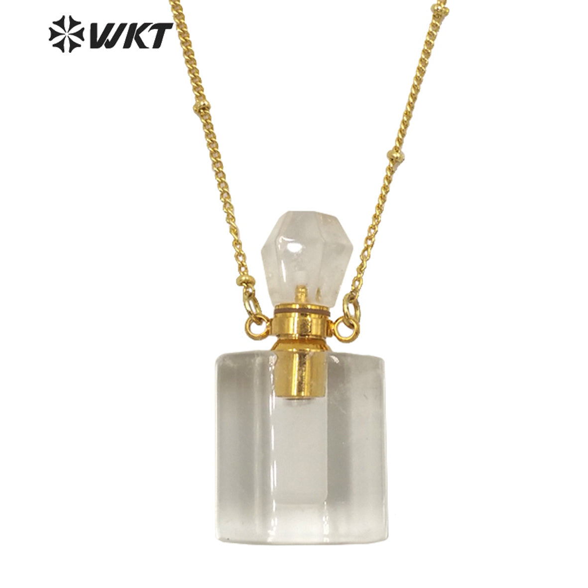 WT-N1285 Wholesale Gold Plated Natural Stone Rose Quartz square Essencial Oil Bottle Necklace Double Loop Perfume Necklace