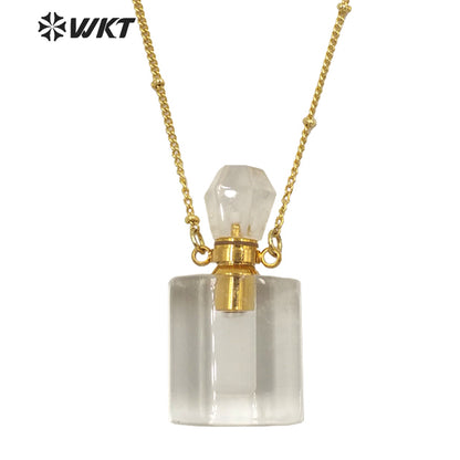 WT-N1285 Wholesale Gold Plated Natural Stone Rose Quartz square Essencial Oil Bottle Necklace Double Loop Perfume Necklace