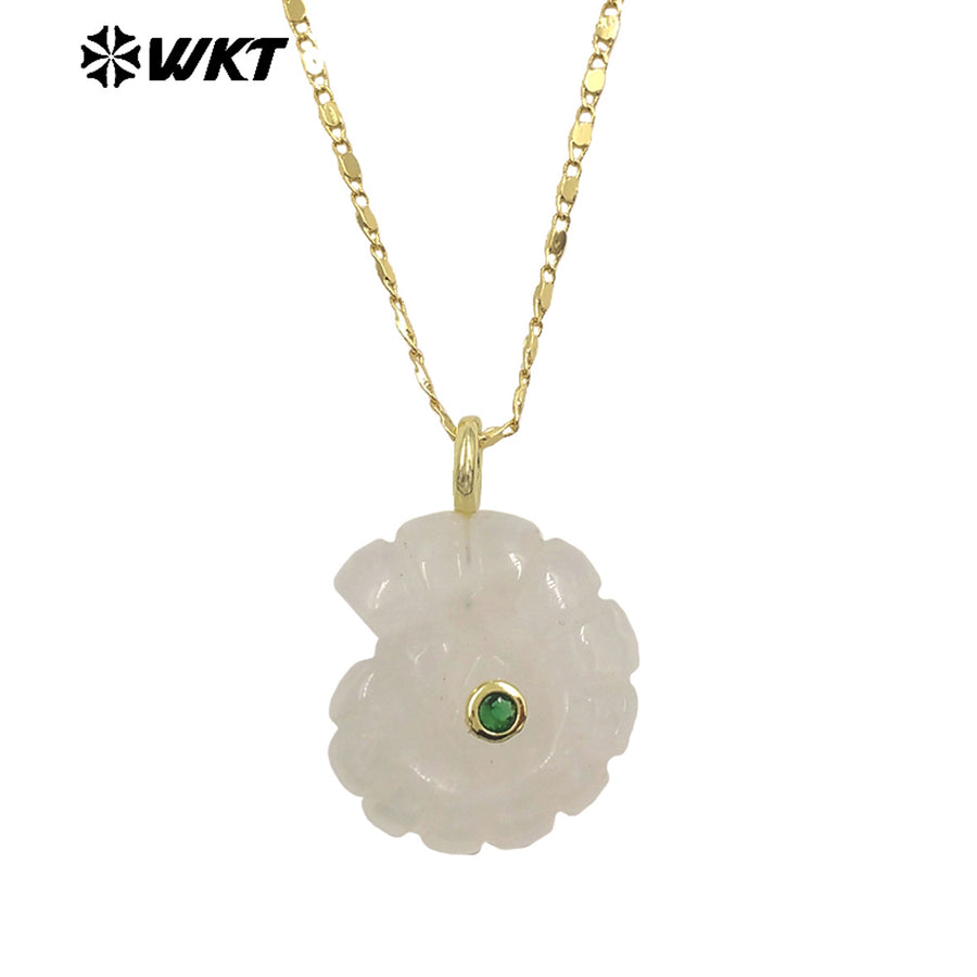 WT-N1510 Hot Sale Gold Thin Chain With Natural Gemstones Carved Trumpet Pendant Necklace As Women Daily Wearing Jewelry