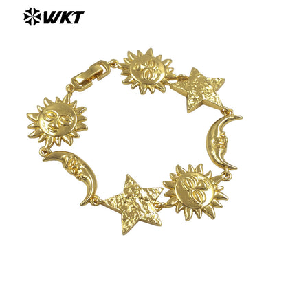 WT-JF373 Exquisite Gold Plated Metal Yellow Brass Moon Sun Star Charms Connected Bracelets For Friends Trendy Jewelry Gift