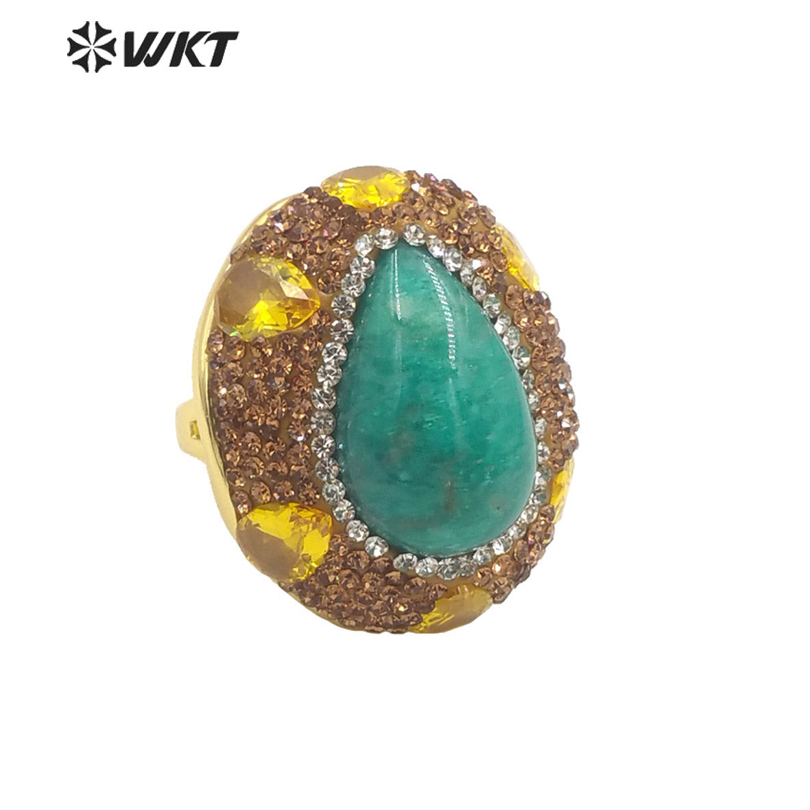 WT-R498 New Popular Vintage Style Rhinestone and Amazonite Turquoise Stone Setting Handmade Adjustable Sizee Gold Plated Ring